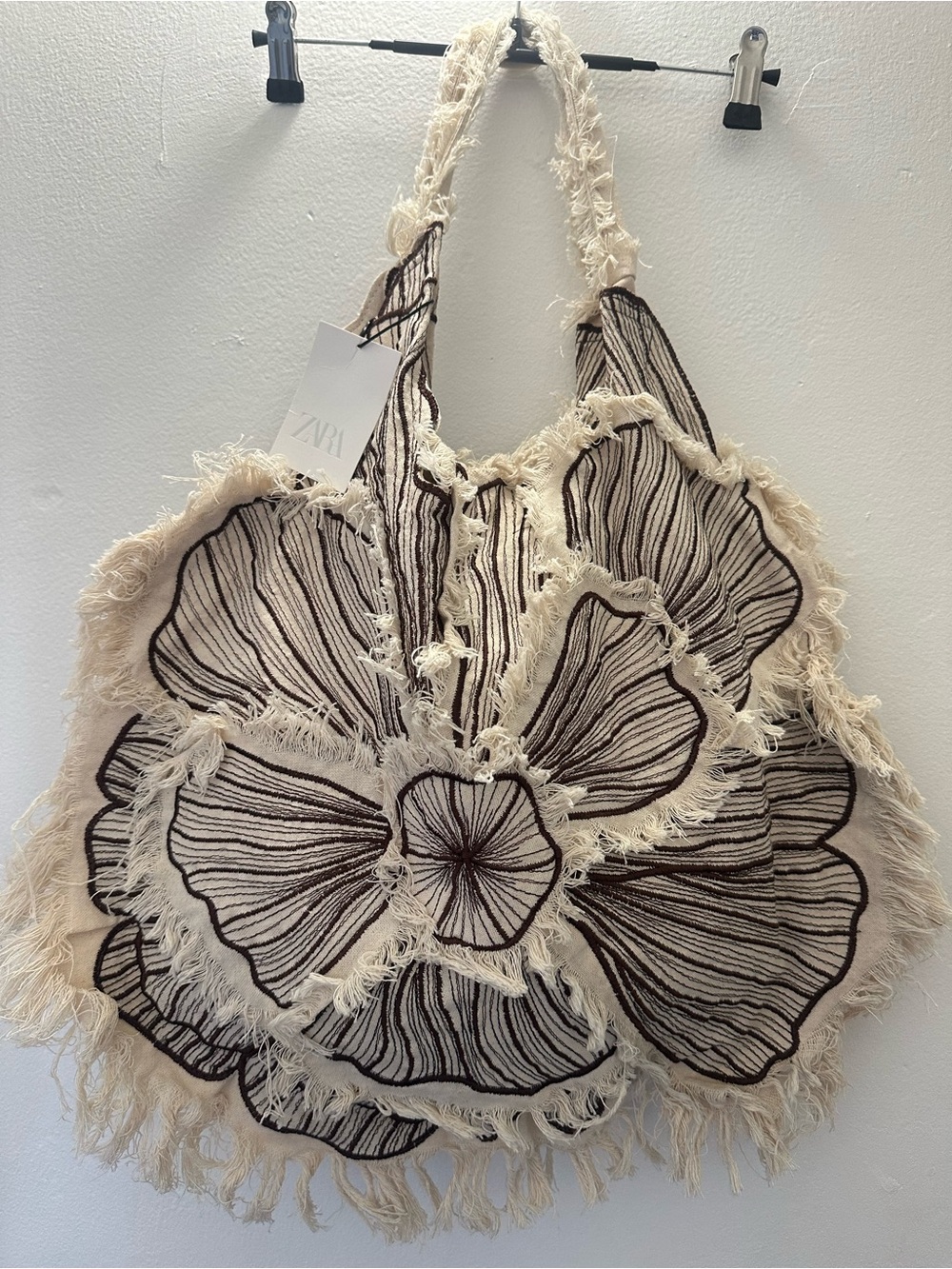 Zara NWT Embroidered Flower Fringe Canvas Tote Bag XL Linen Boho Summer - Picture 3 of 9